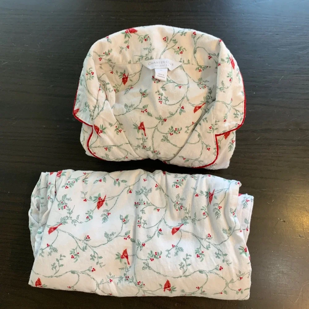 Charter Club Intimates Women PL Cotton Flannel Pajama Set Cardinal‎ Bird Lover